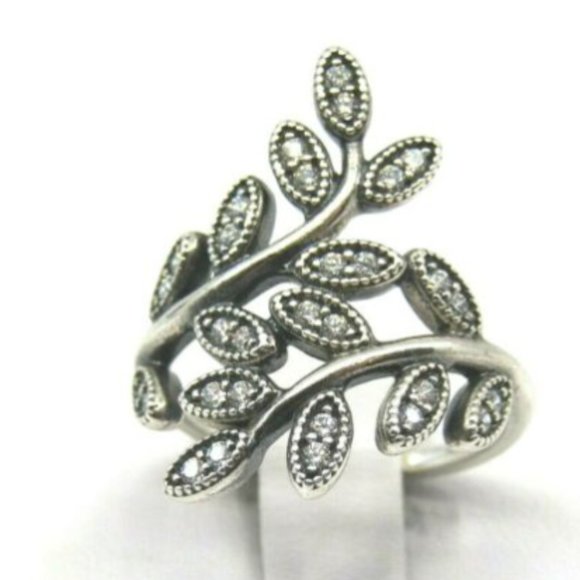 PANDORA 925 STERLING SILVER SHIMMERING LEAVES RING WITH CZ (56) - Picture 1 of 3